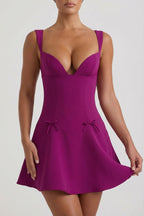 Bow-Detail A-Line Mini Dress in Plum