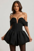 Off-Shoulder Layered Bubble Hem Corset Mini Dress in Black – view 1