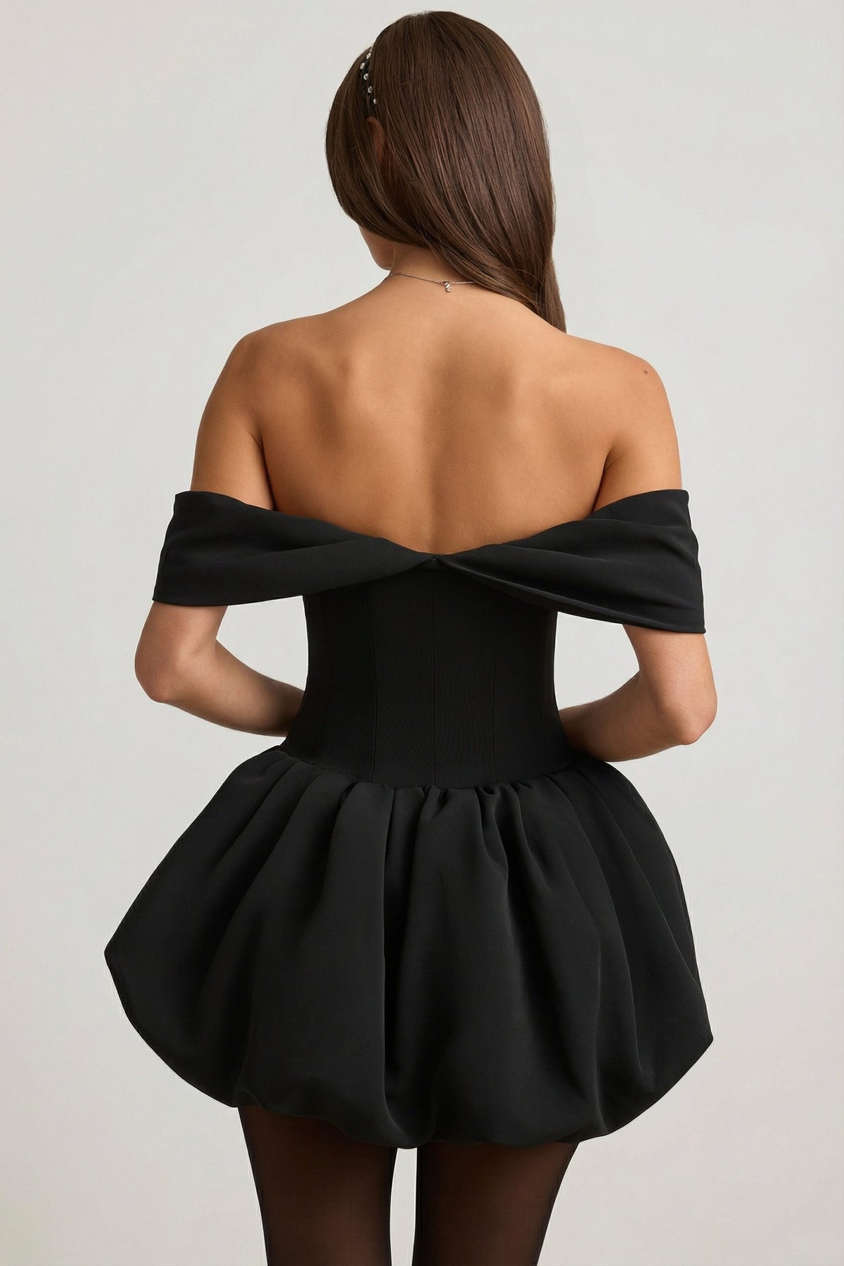 Off-Shoulder Layered Bubble Hem Corset Mini Dress in Black – view 2