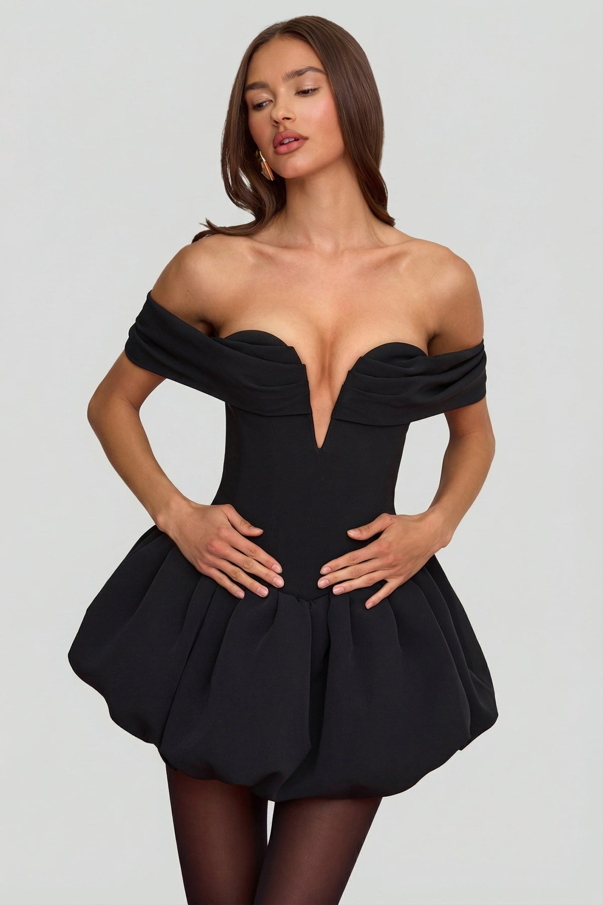 Off-Shoulder Layered Bubble Hem Corset Mini Dress in Black – view 5