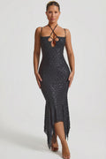 Embellished Cut-Out Asymmetric Midaxi Dress in Black – view 1