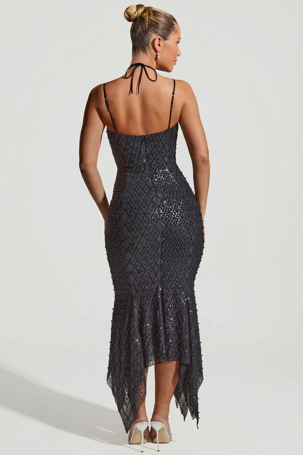 Embellished Cut-Out Asymmetric Midaxi Dress in Black – view 2