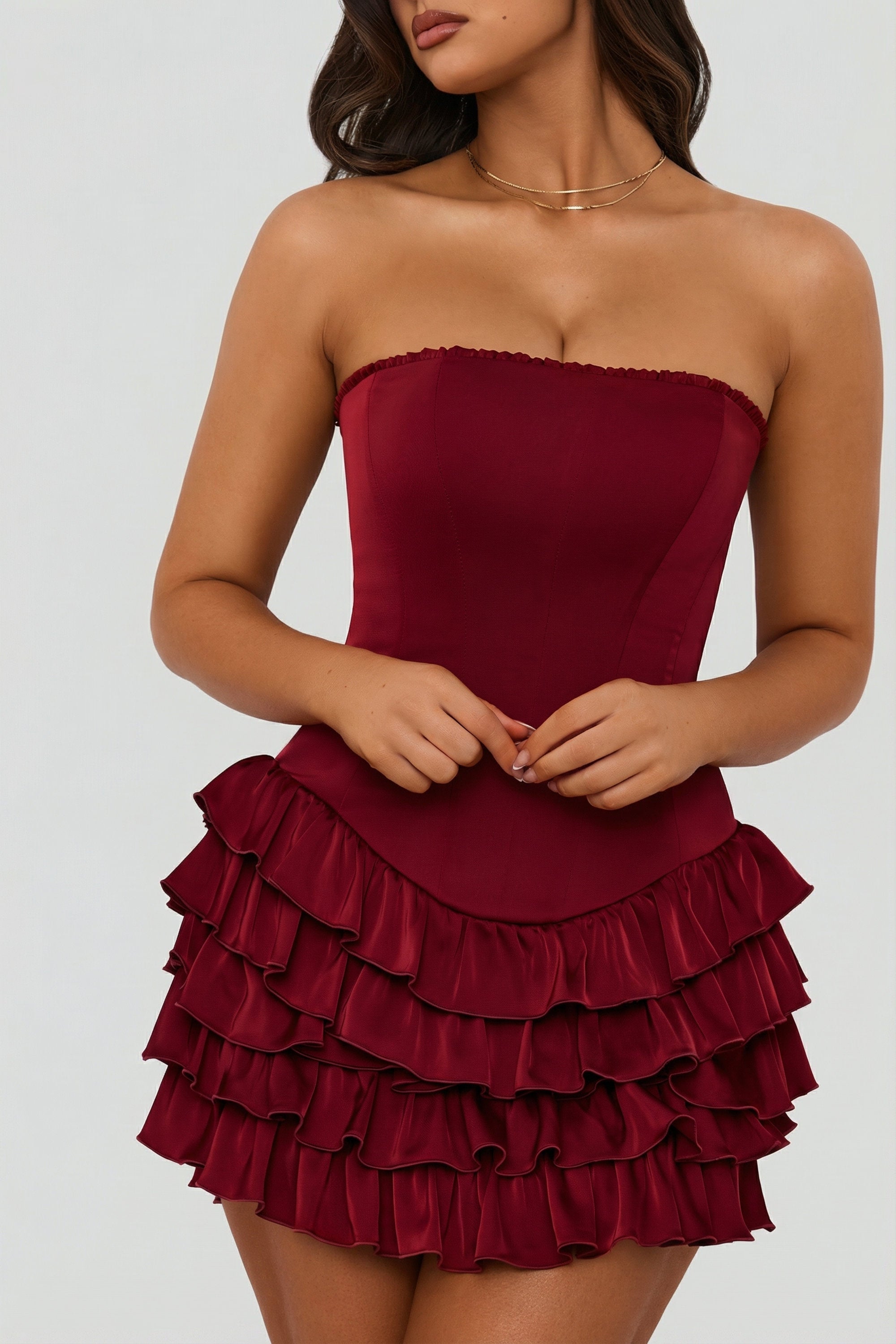 Bandeau Ruffled Tiered Corset Mini Dress in Berry Red