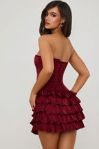 Bandeau Ruffled Tiered Corset Mini Dress in Berry Red
