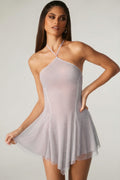 Embellished Lace Up Back Mini Dress in Silver – view 1