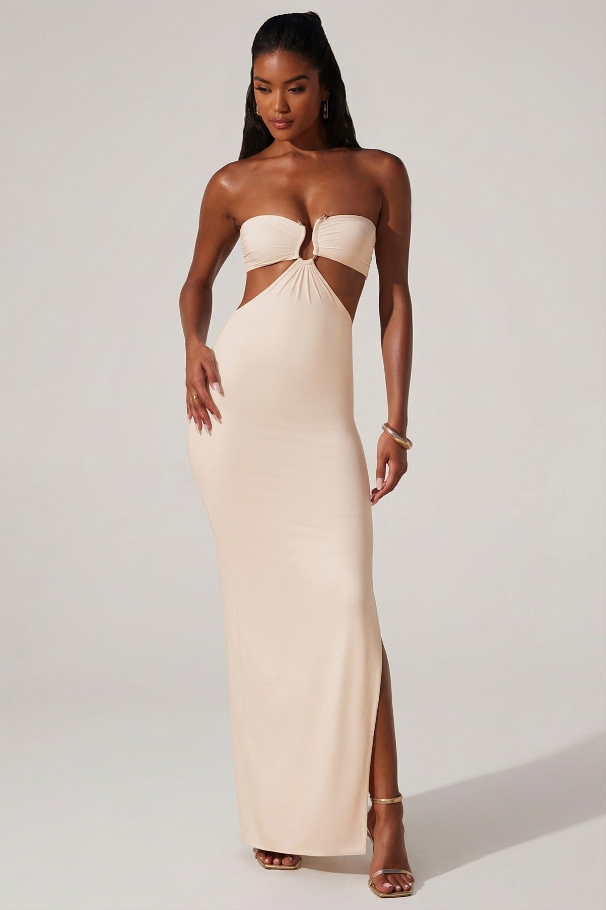 Ruched Hardware Detail Bandeau Floor Length Dress in Ivory – view 6
