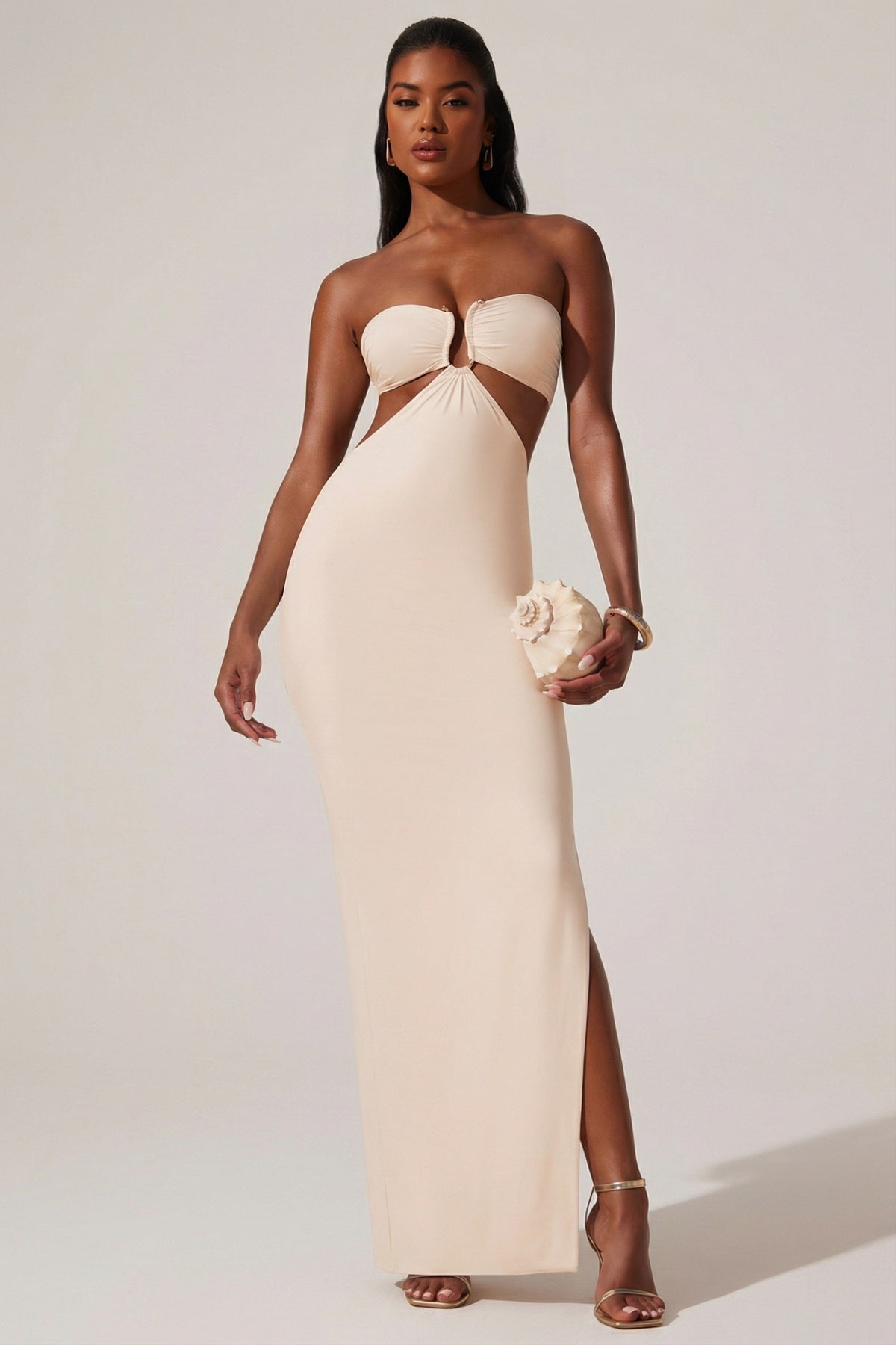 Ruched Hardware Detail Bandeau Floor Length Dress in Ivory – view 9