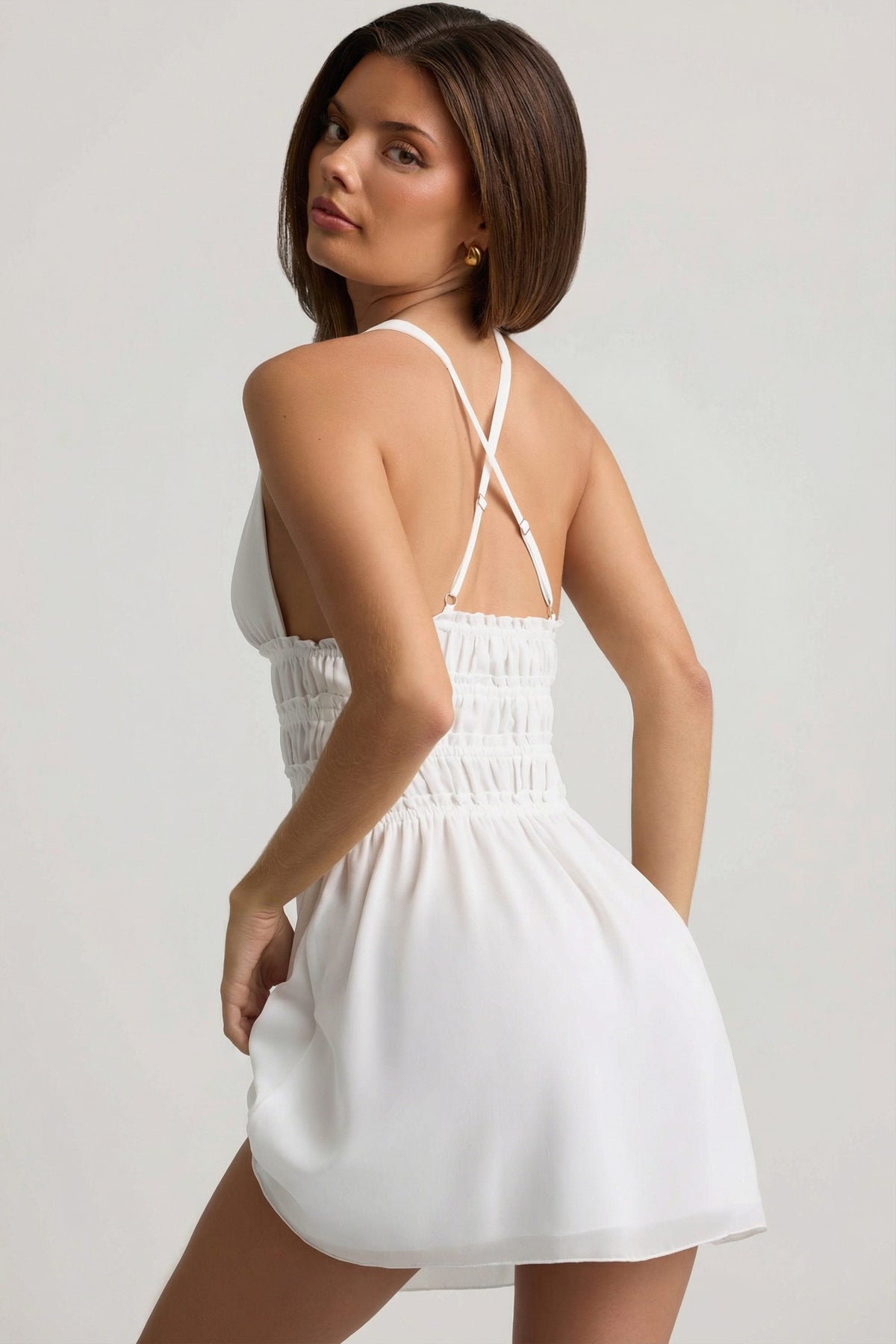 Plunge Cross-Back Mini Dress in White – view 2