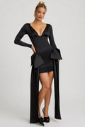 Bow-Detail Ruched Mini Dress in Black – view 1