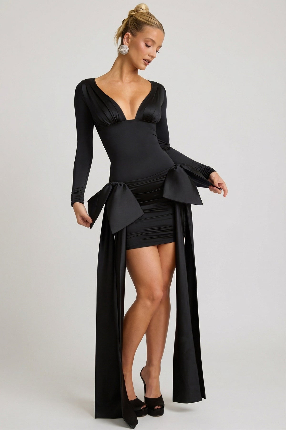 Bow-Detail Ruched Mini Dress in Black – view 8