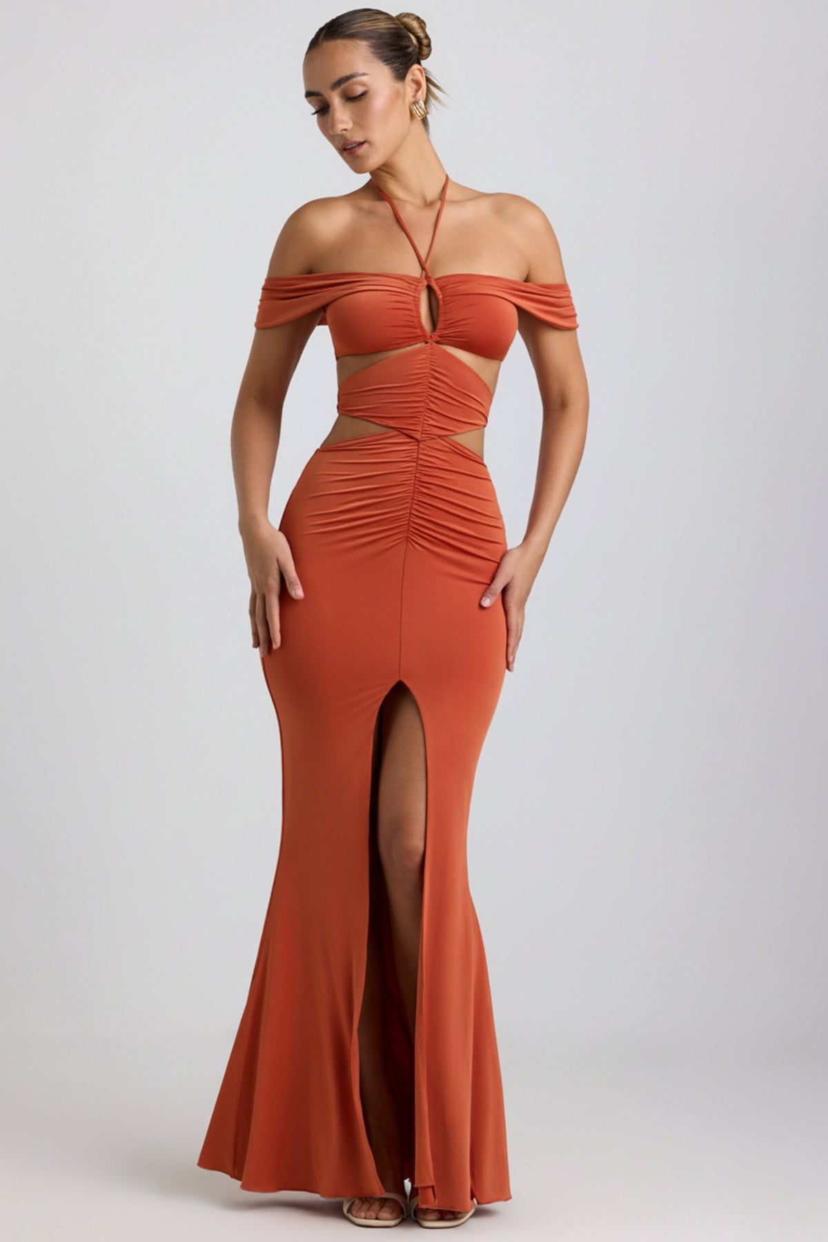 Slinky Jersey Cut-Out Halterneck Gown in Burnt Orange – view 7