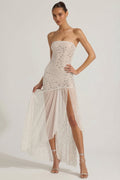 Semi-Sheer Embellished Asymmetric Maxi Dress in White – view 1