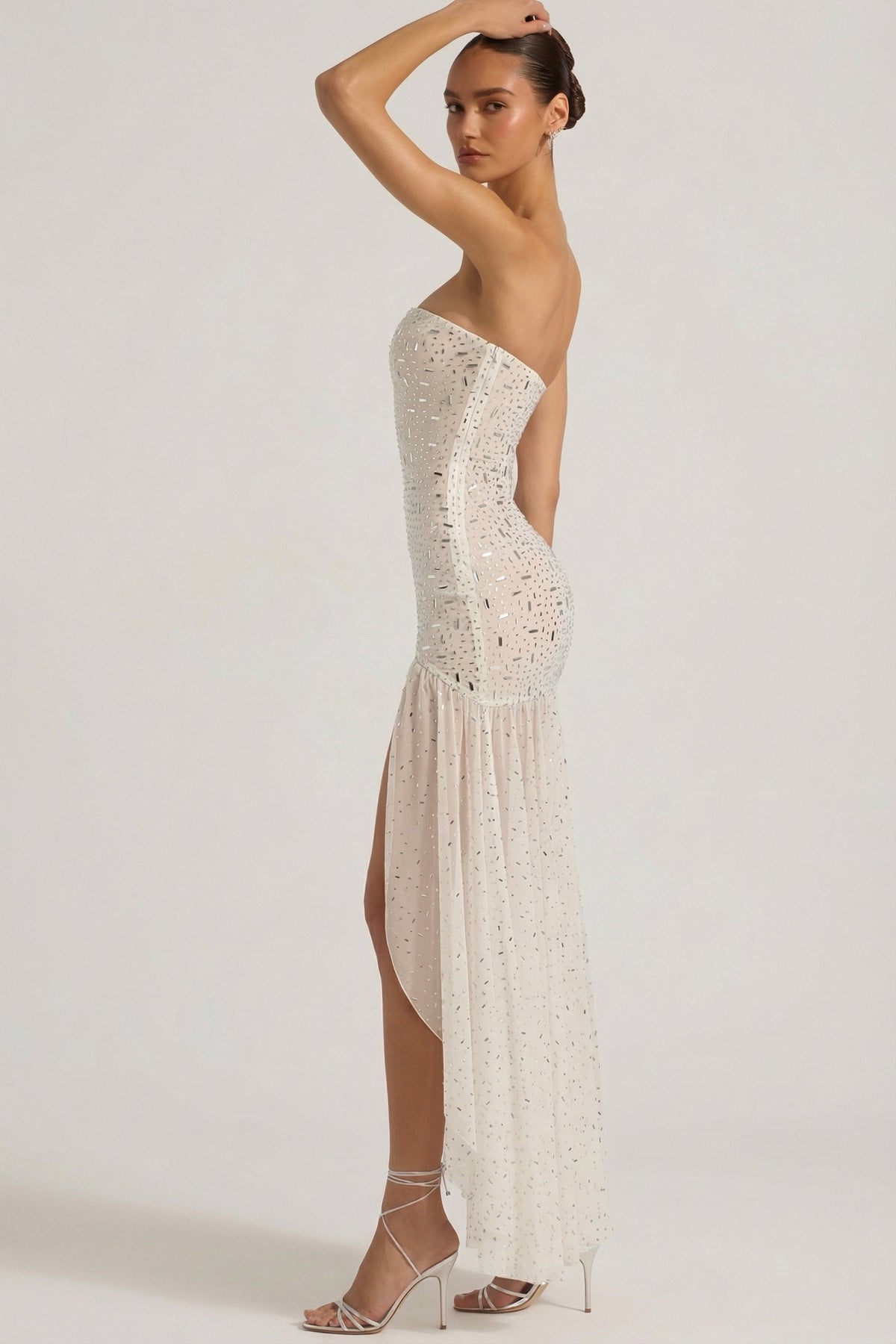 Semi-Sheer Embellished Asymmetric Maxi Dress in White – view 6
