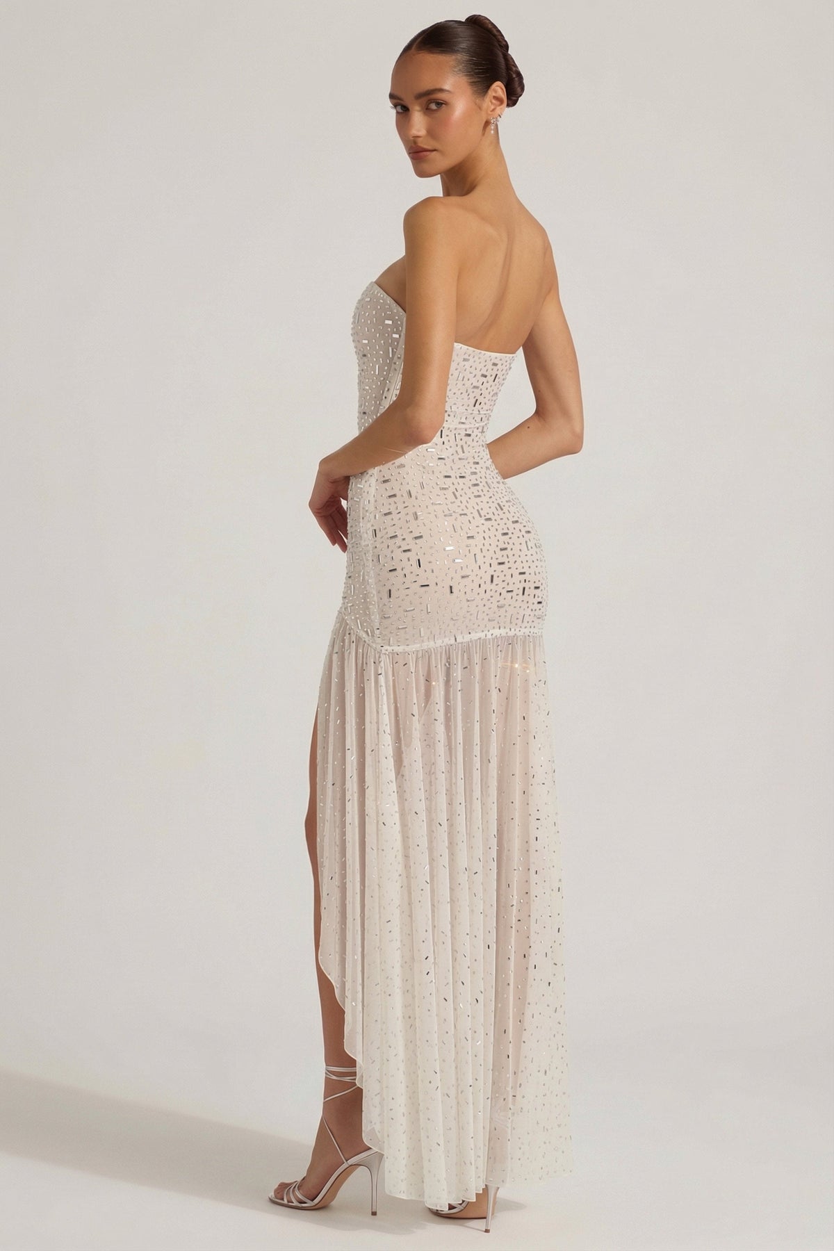 Semi-Sheer Embellished Asymmetric Maxi Dress in White – view 7