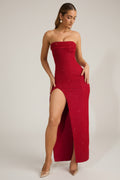 Embellished Strapless Cowl-Neck Maxi Dress in True Red – view 1