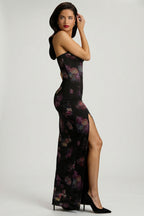 Bandeau Cowl-Neck Maxi Dress in Black Floral Print