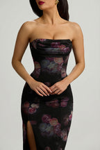 Bandeau Cowl-Neck Maxi Dress in Black Floral Print