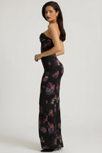 Bandeau Cowl-Neck Maxi Dress in Black Floral Print
