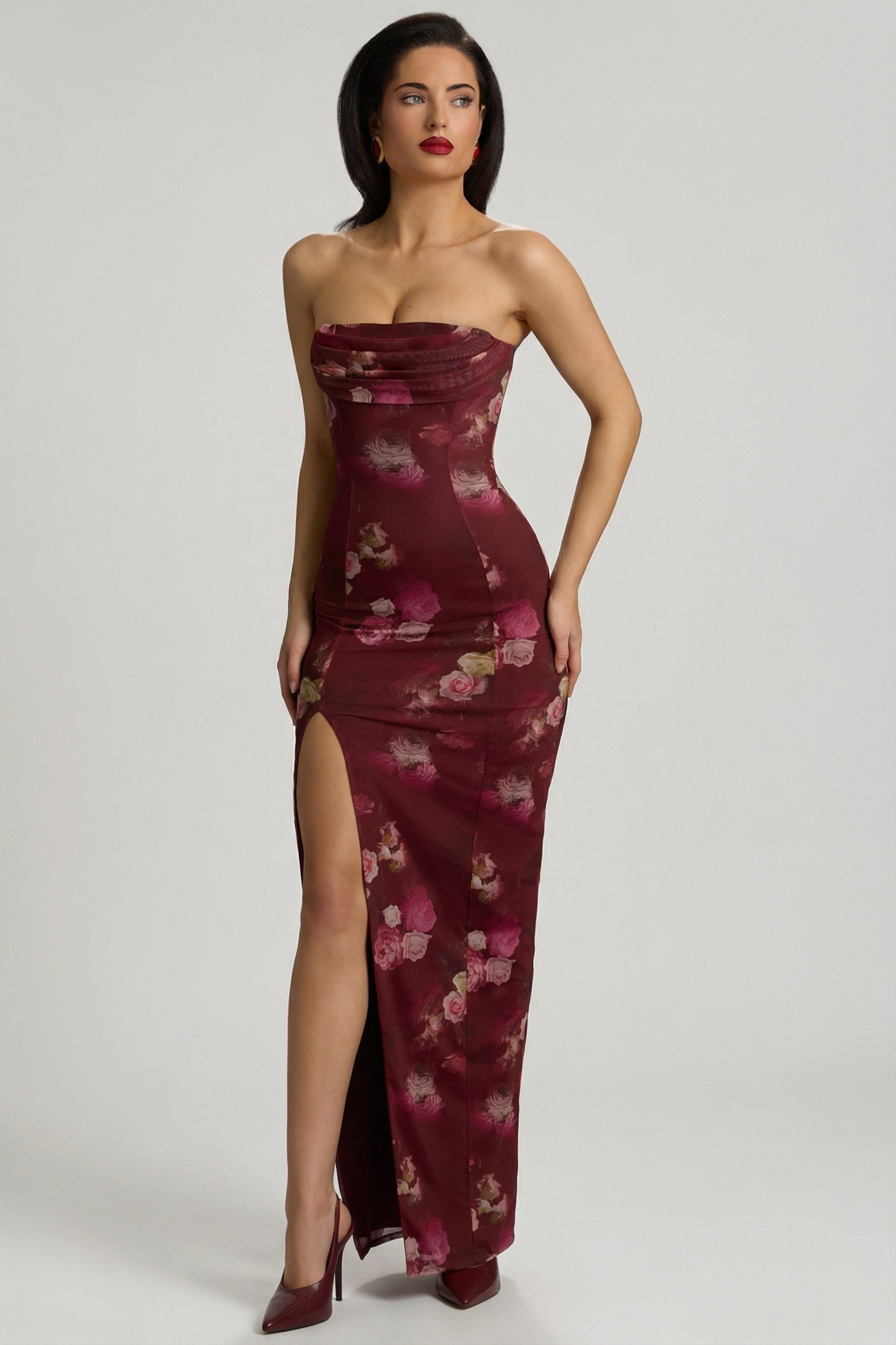 Bandeau Cowl-Neck Maxi Dress in Maroon Floral Print