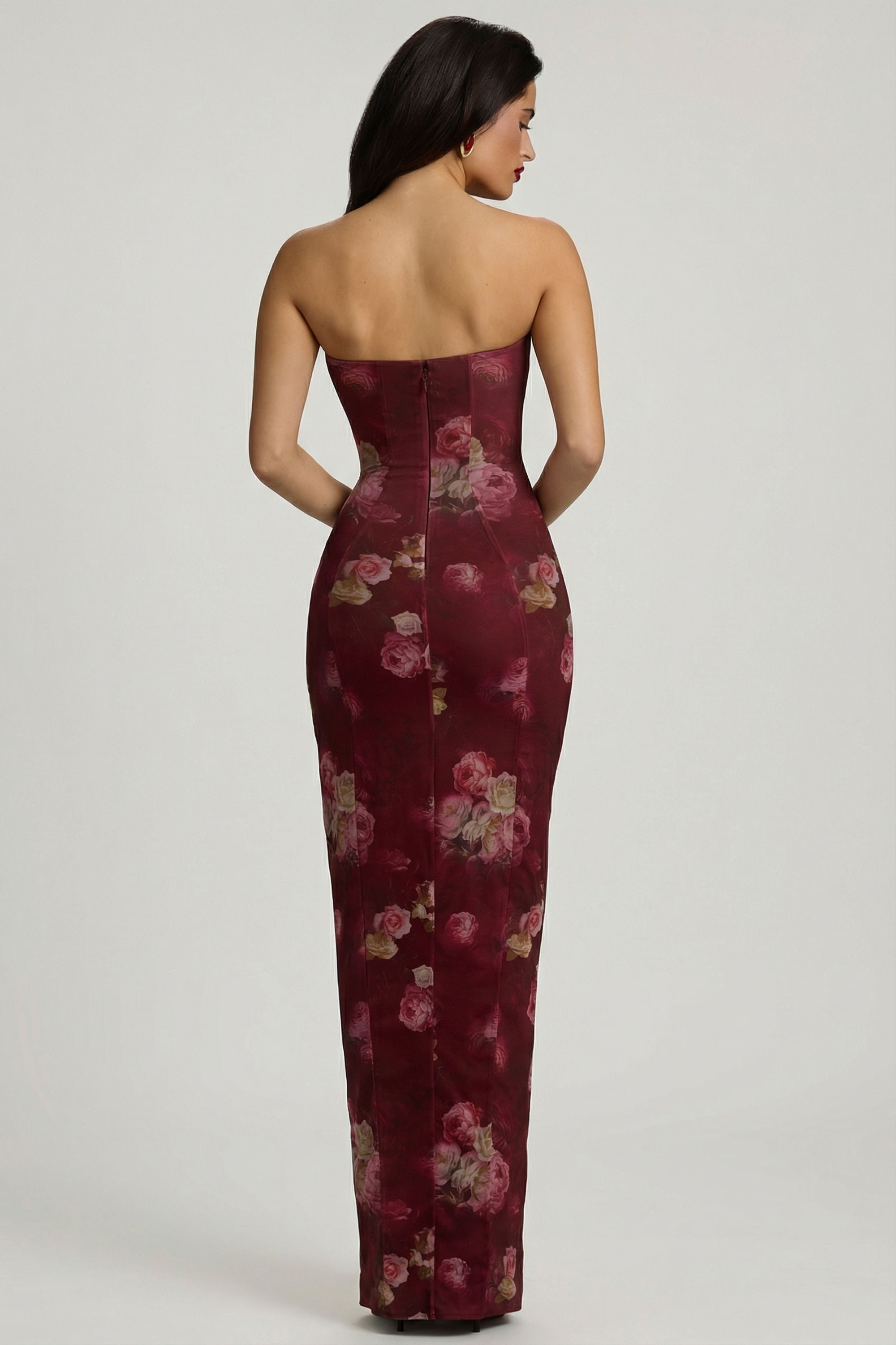 Bandeau Cowl-Neck Maxi Dress in Maroon Floral Print
