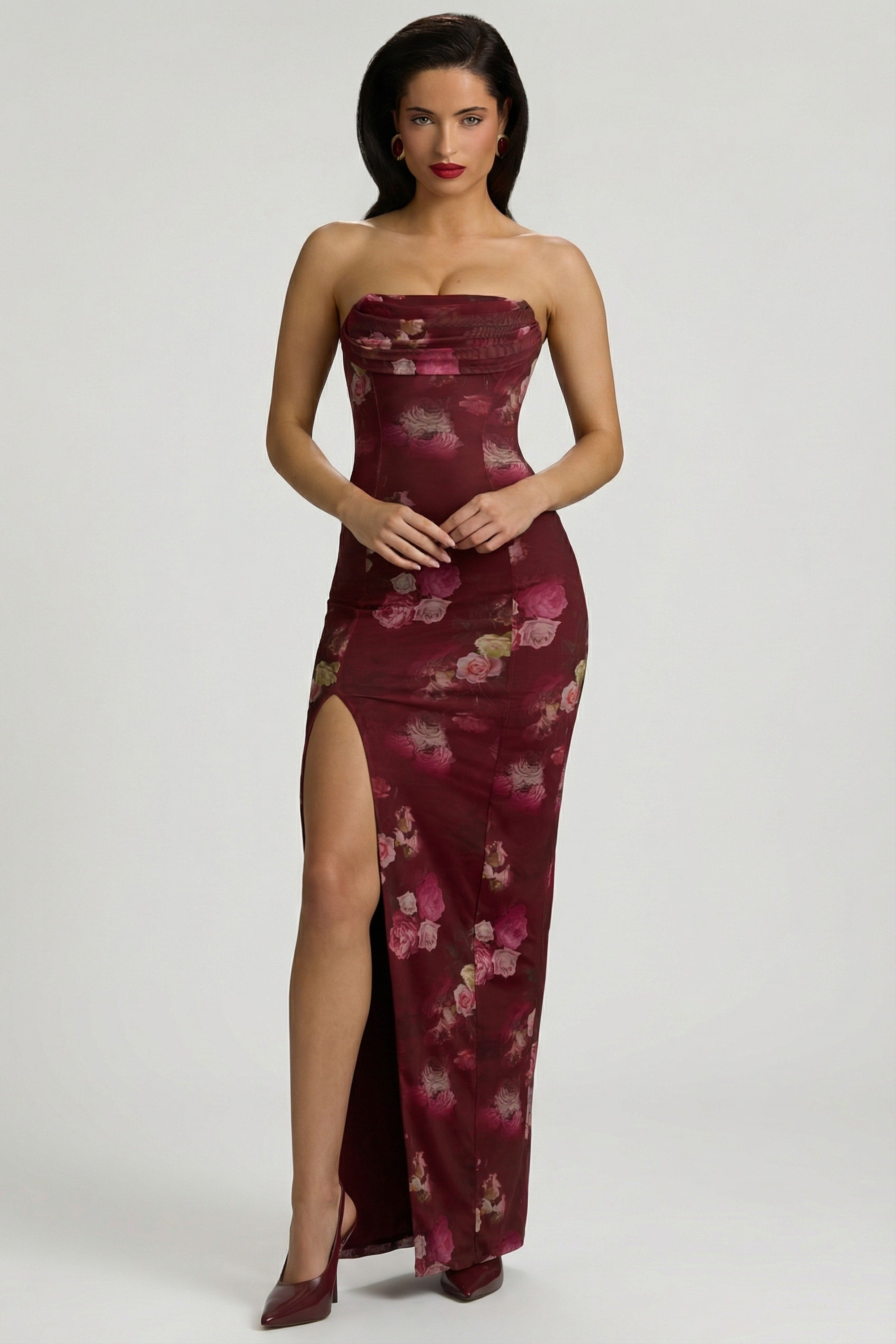 Bandeau Cowl-Neck Maxi Dress in Maroon Floral Print