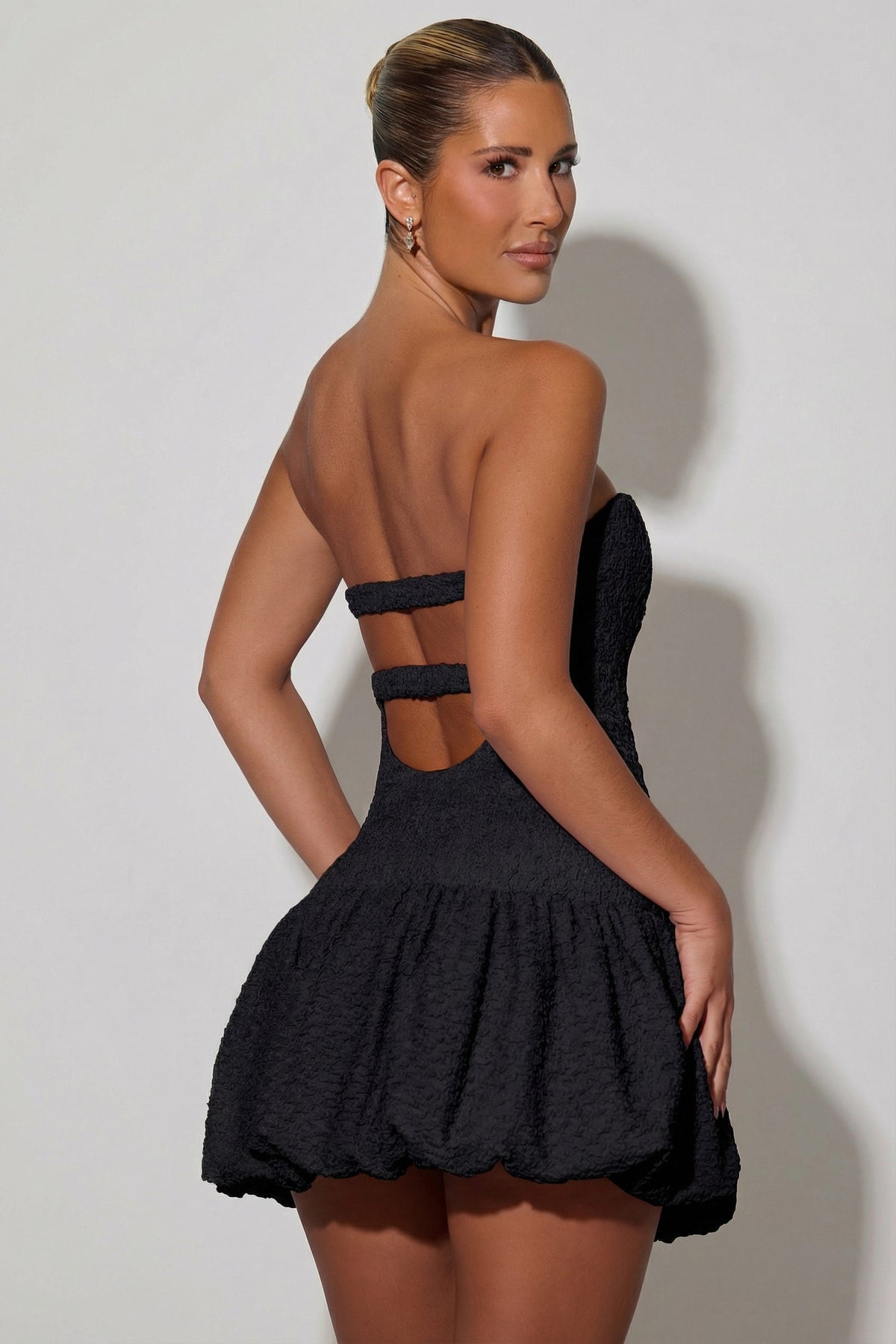 Cut-Out Bubble Hem Corset Mini Dress in Black – view 6