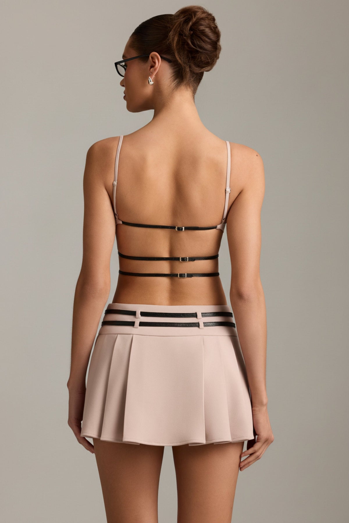 Belted Backless Pleated Mini Dress in Mushroom – view 7