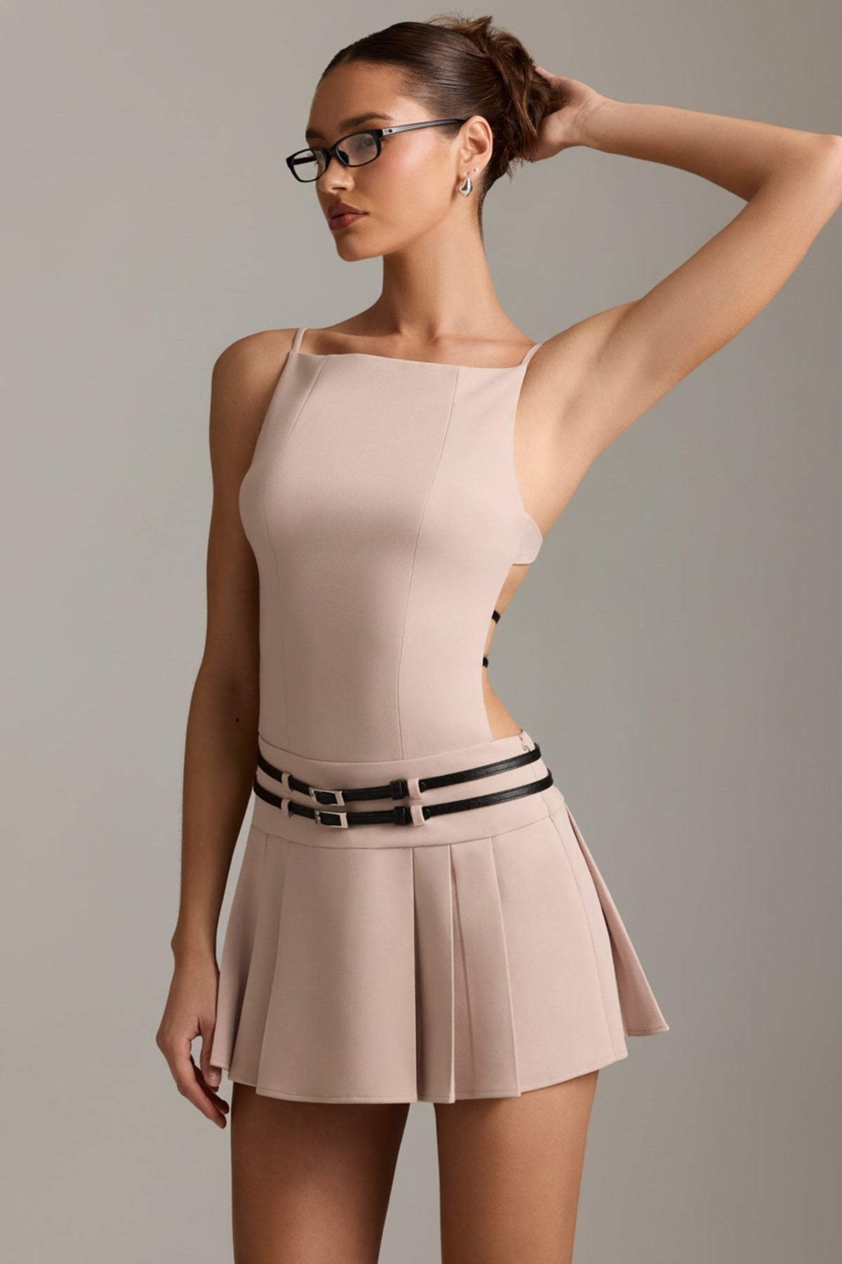 Belted Backless Pleated Mini Dress in Mushroom – view 6