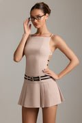 Belted Backless Pleated Mini Dress in Mushroom – view 1