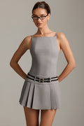Belted Backless Pleated Mini Dress in Grey – view 1