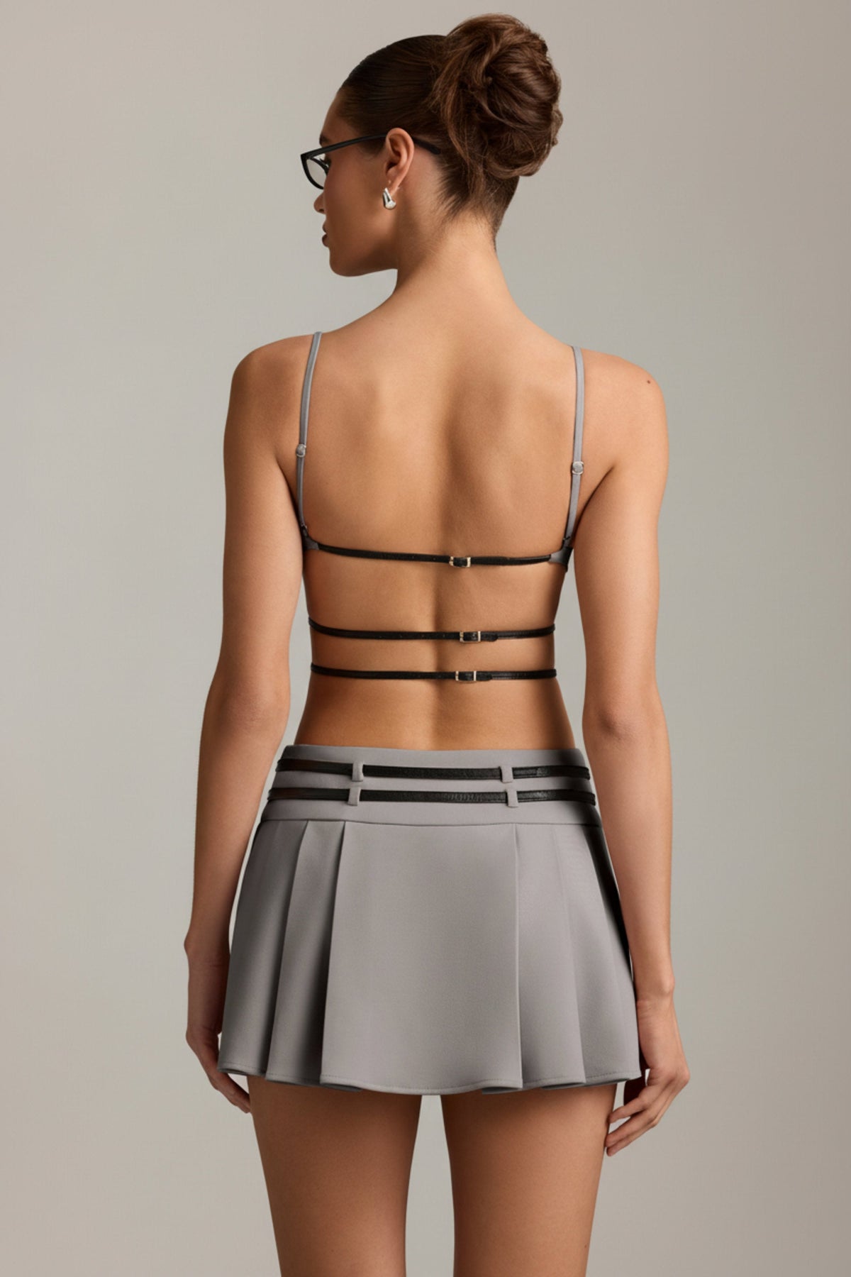 Belted Backless Pleated Mini Dress in Grey – view 7
