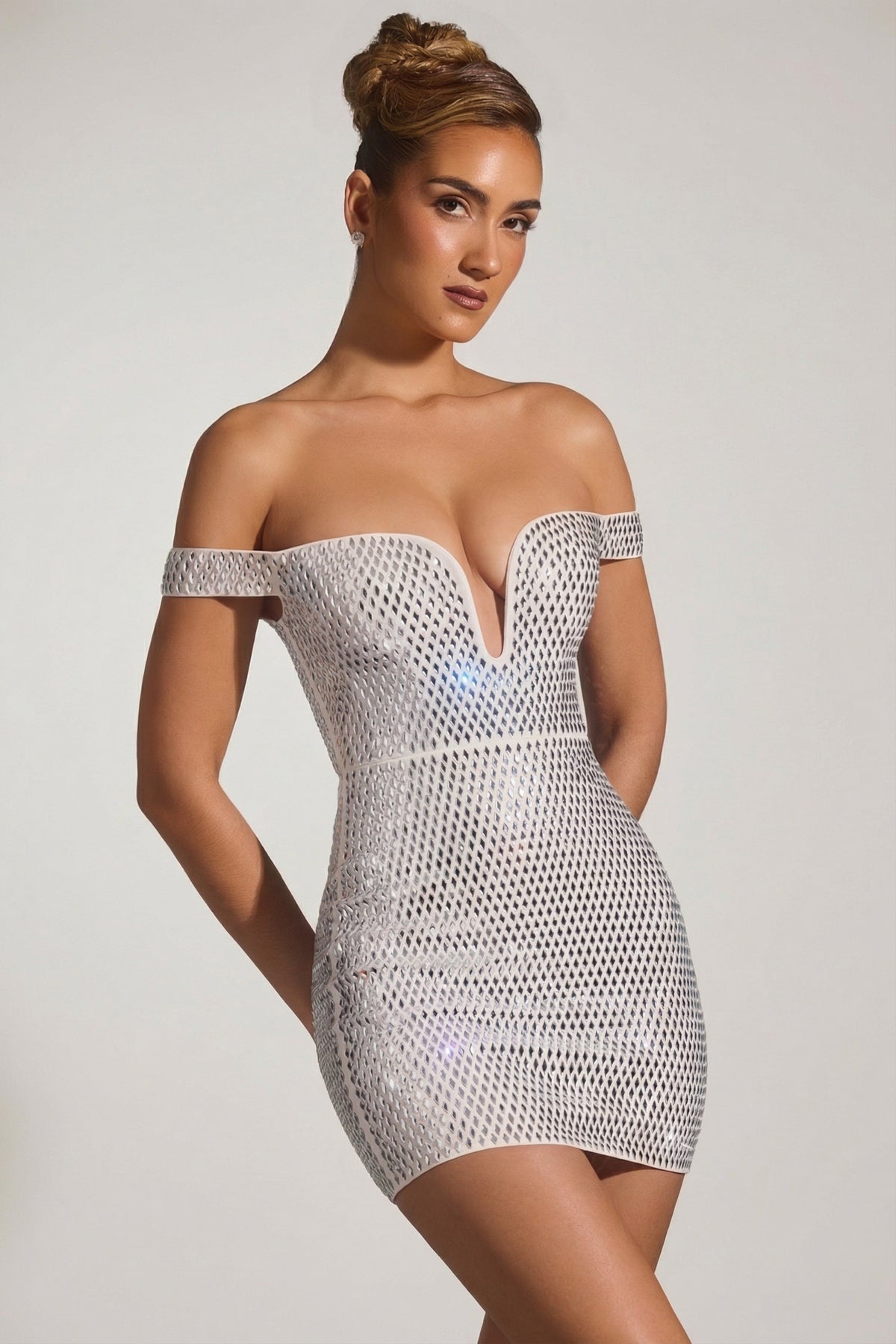 Embellished Off-Shoulder Mini Dress in White – view 6