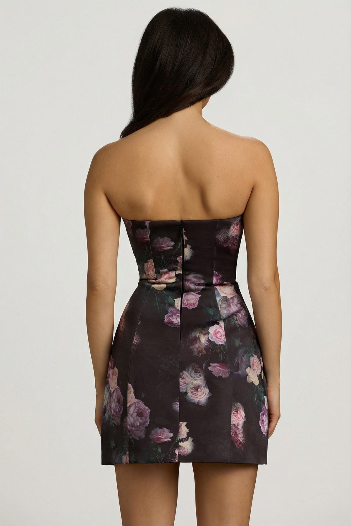 Strapless Structured Tulip Mini Dress in Black Floral Print – view 10