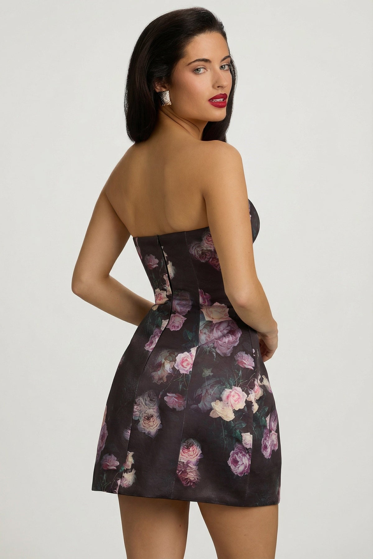 Strapless Structured Tulip Mini Dress in Black Floral Print – view 16