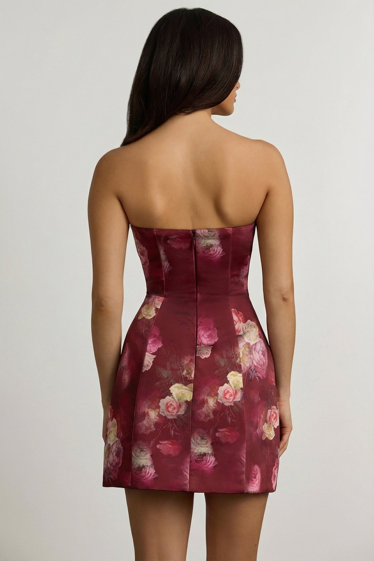 Strapless Structured Tulip Mini Dress in Maroon Floral Print – view 10