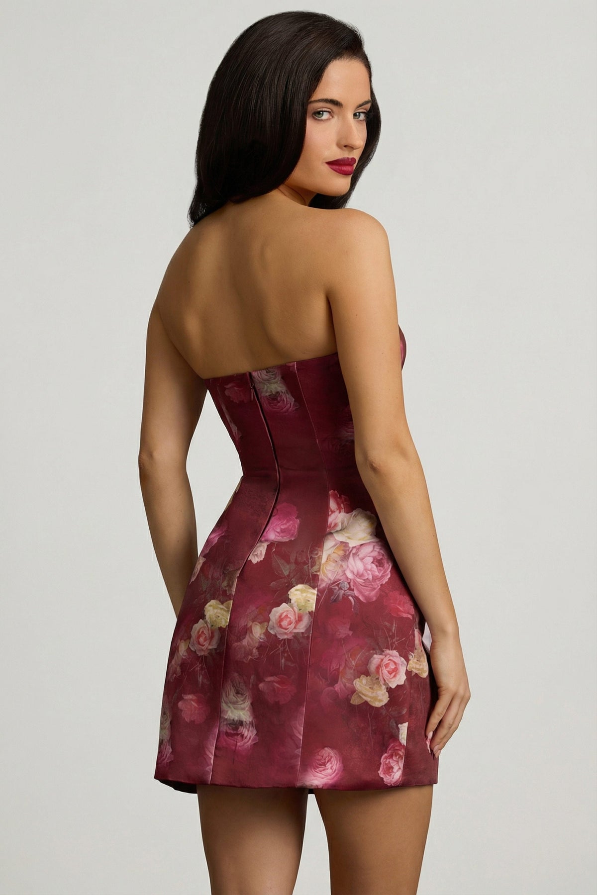 Strapless Structured Tulip Mini Dress in Maroon Floral Print – view 14