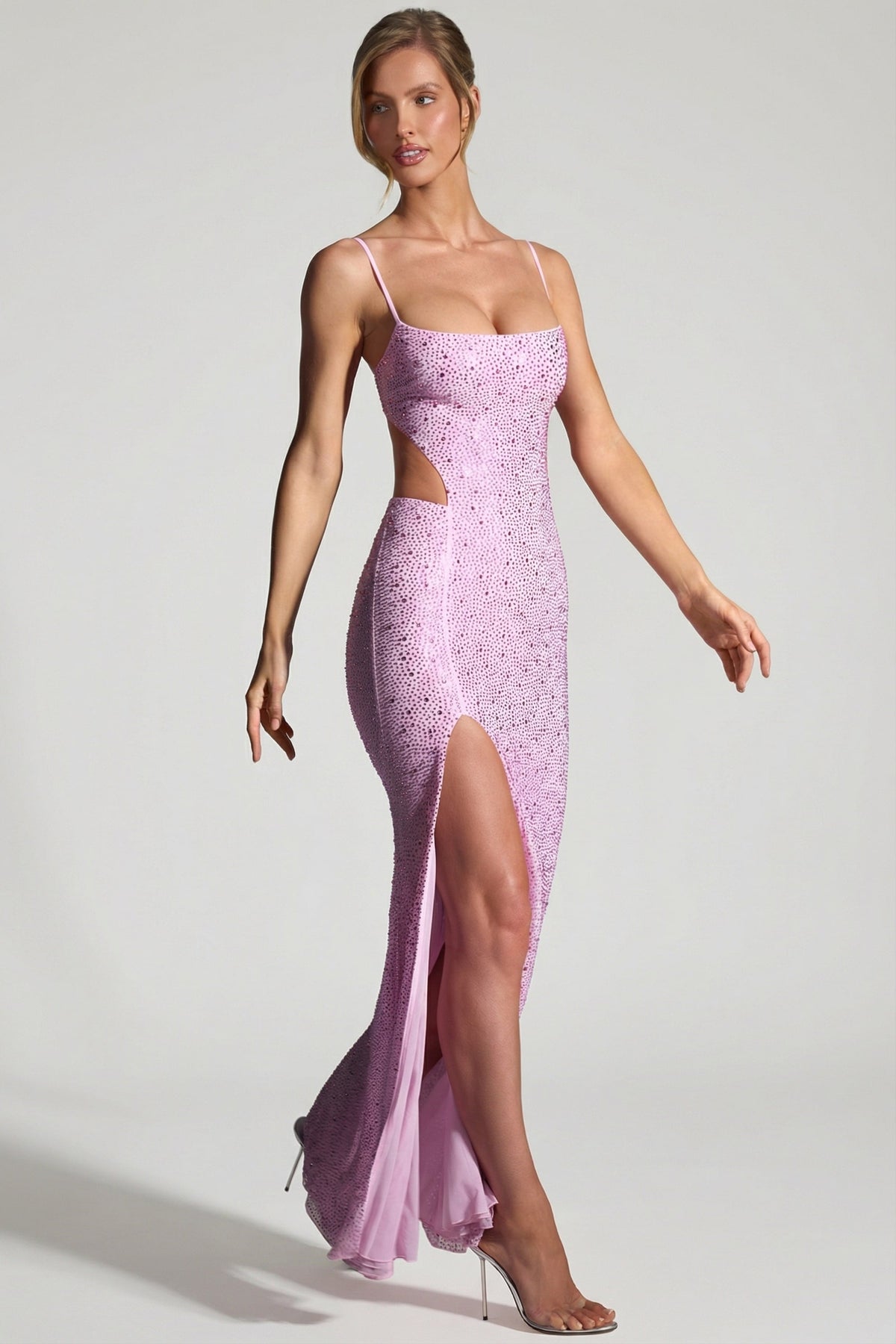 Embellished Cut-Out Fishtail Maxi Dress in Peony Pink – view 3