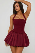 Halterneck Lace-Up Bubble Hem Corset Micro Mini Dress in Berry Red – view 1