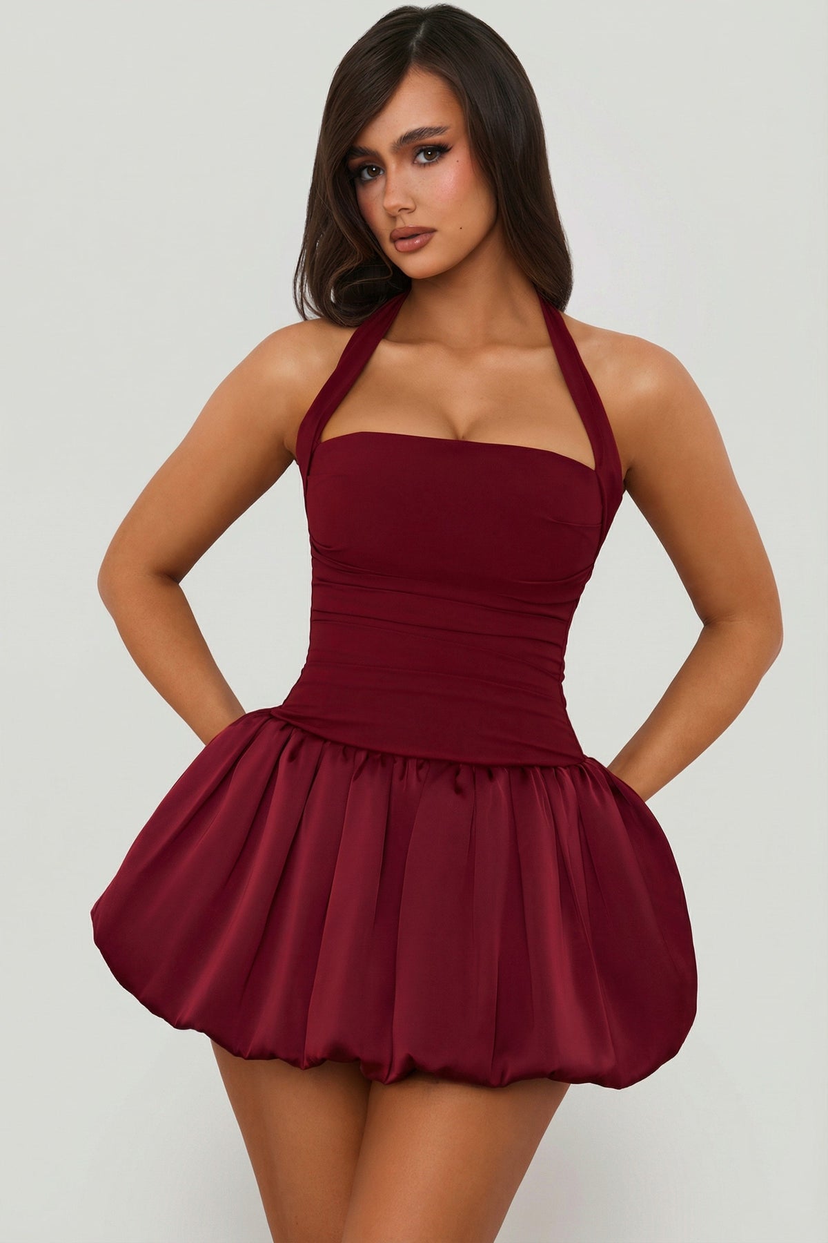 Halterneck Lace-Up Bubble Hem Corset Micro Mini Dress in Berry Red – view 5