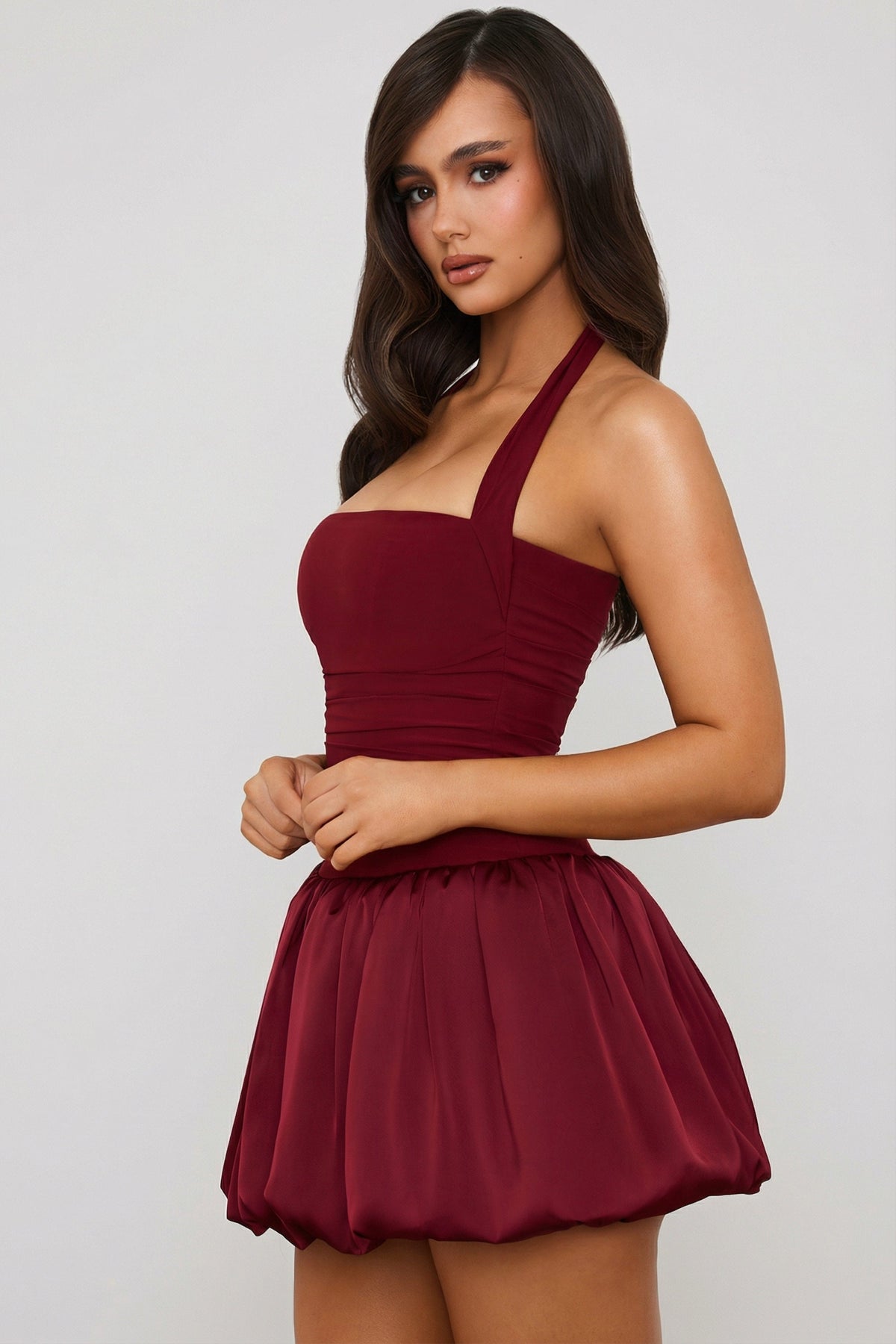 Halterneck Lace-Up Bubble Hem Corset Micro Mini Dress in Berry Red – view 4