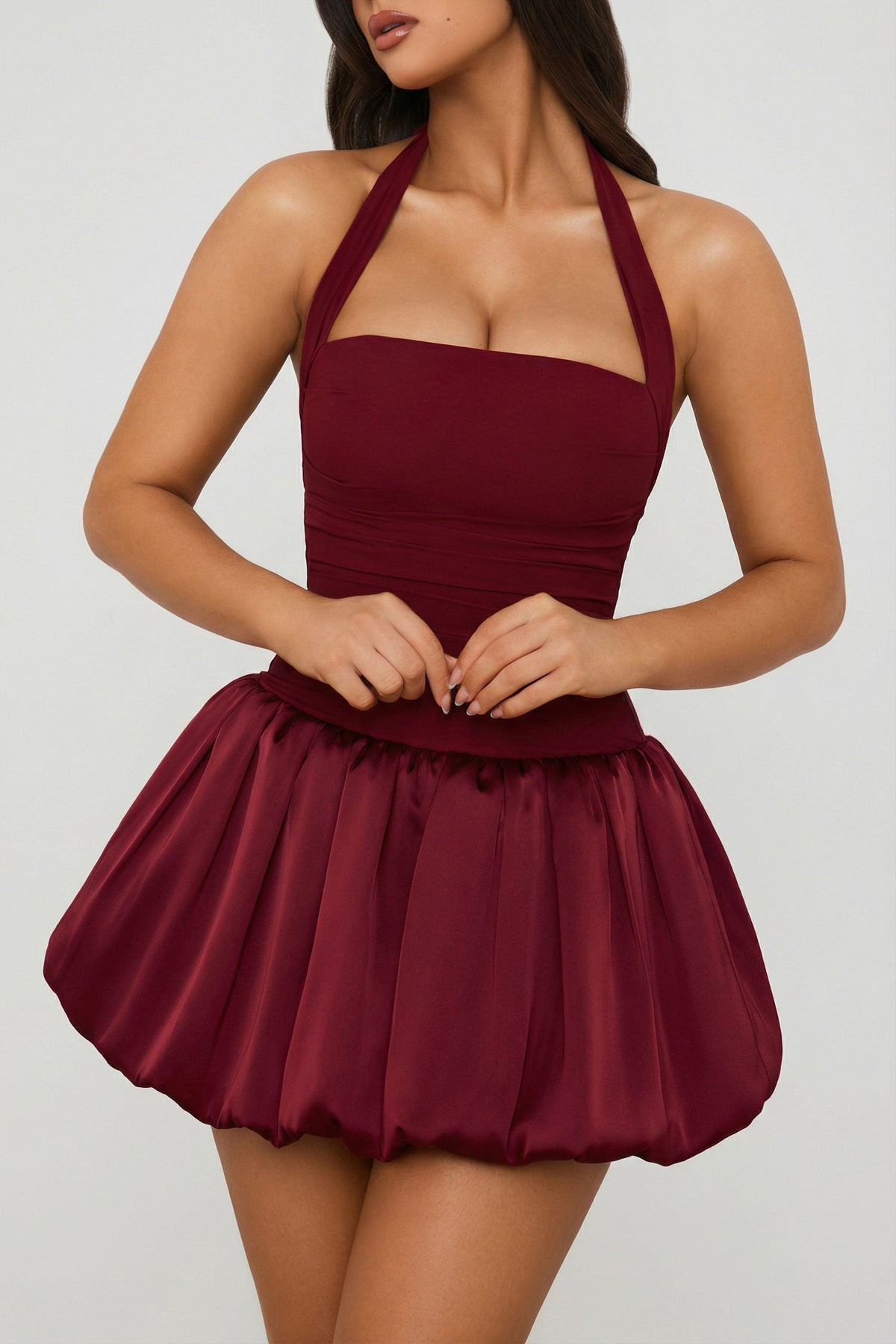 Halterneck Lace-Up Bubble Hem Corset Micro Mini Dress in Berry Red – view 3