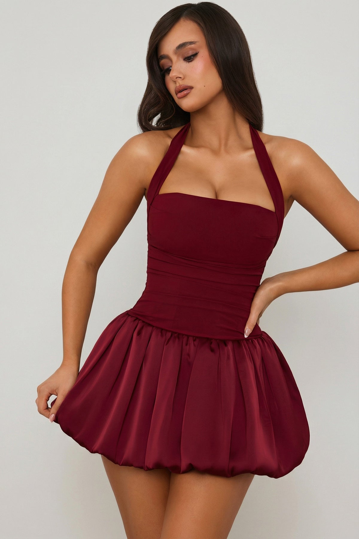 Halterneck Lace-Up Bubble Hem Corset Micro Mini Dress in Berry Red – view 6