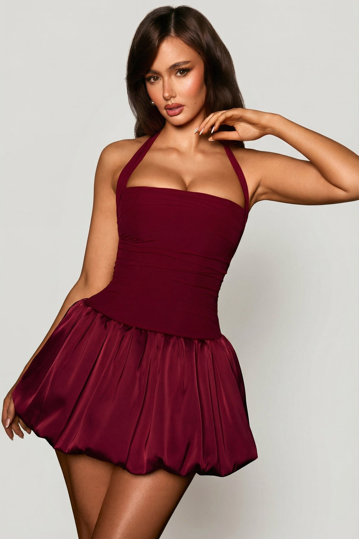 Halterneck Lace-Up Bubble Hem Corset Micro Mini Dress in Berry Red – view 7
