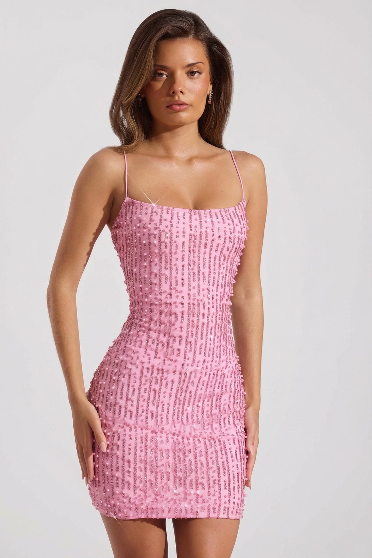 Embellished Scoop-Neck Bodycon Mini Dress in Pink – view 6