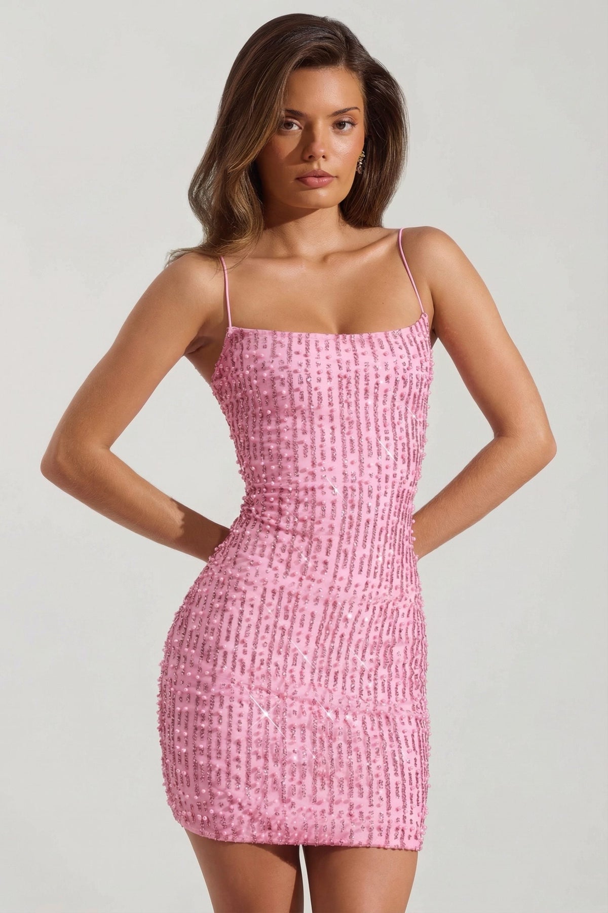 Embellished Scoop-Neck Bodycon Mini Dress in Pink – view 7