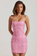 Embellished Scoop-Neck Bodycon Mini Dress in Pink – view 1