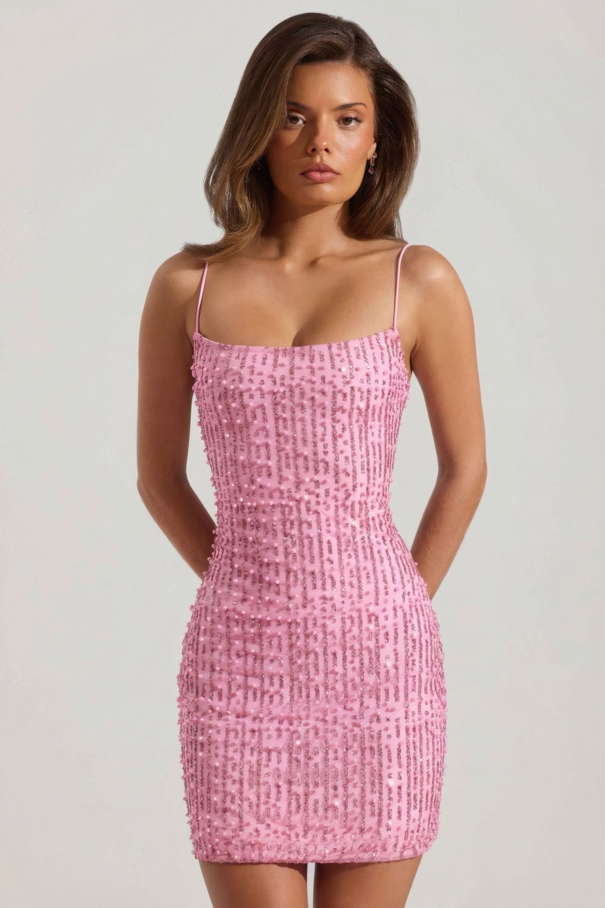 Embellished Scoop-Neck Bodycon Mini Dress in Pink – view 1