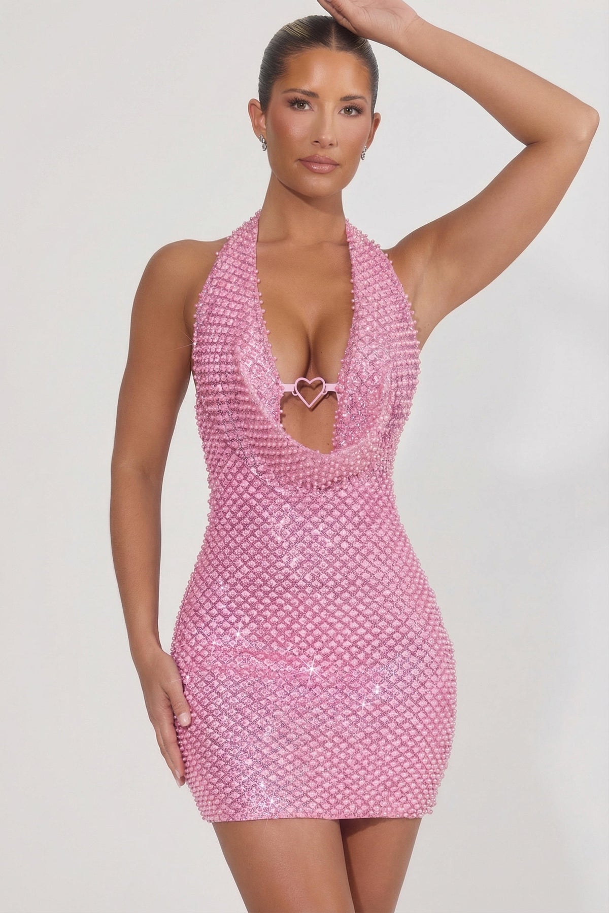 Embellished Heart-Detail Cowl-Neck Mini Dress in Pink – view 7
