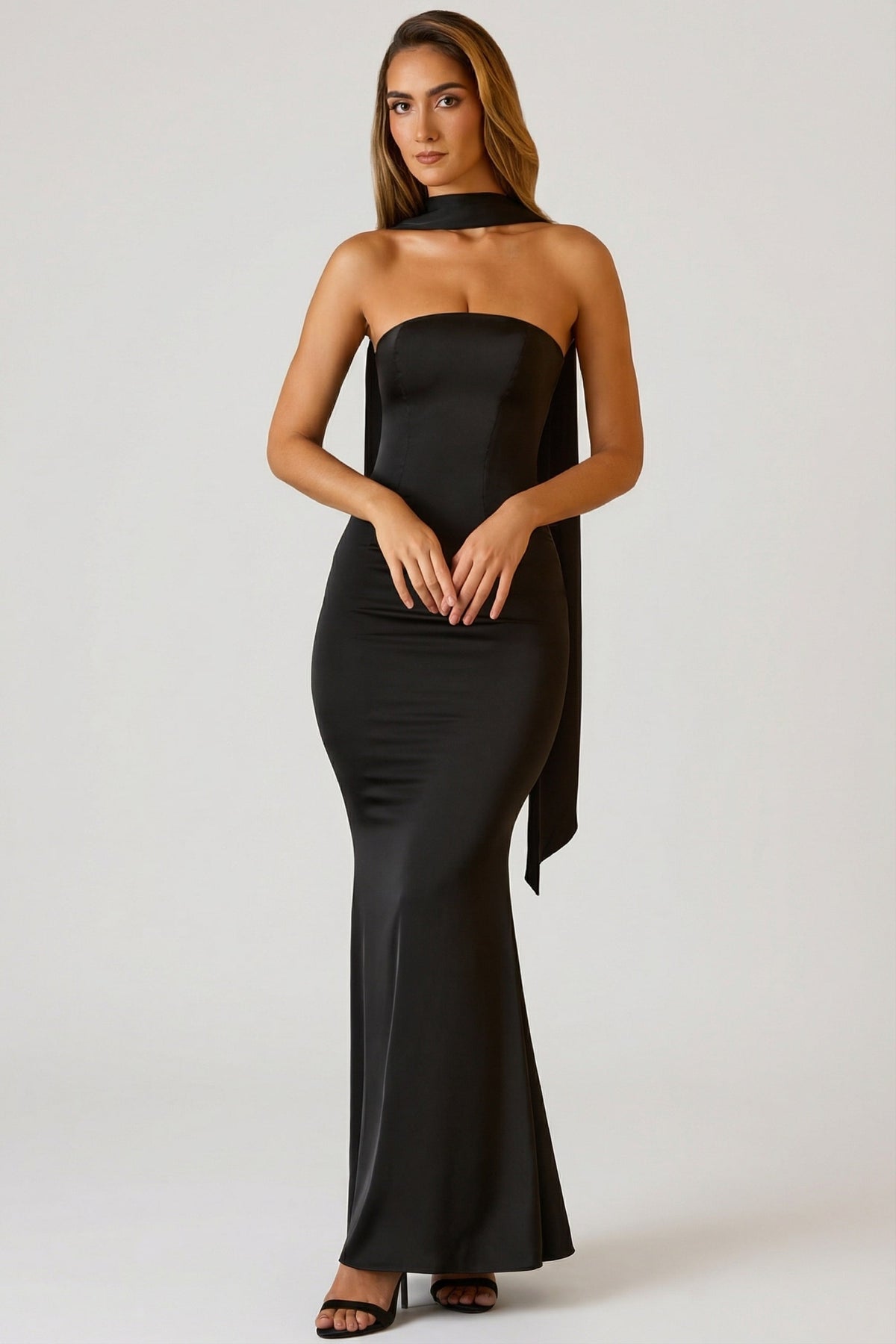 Scarf-Detail Strapless Gown in Black – view 5
