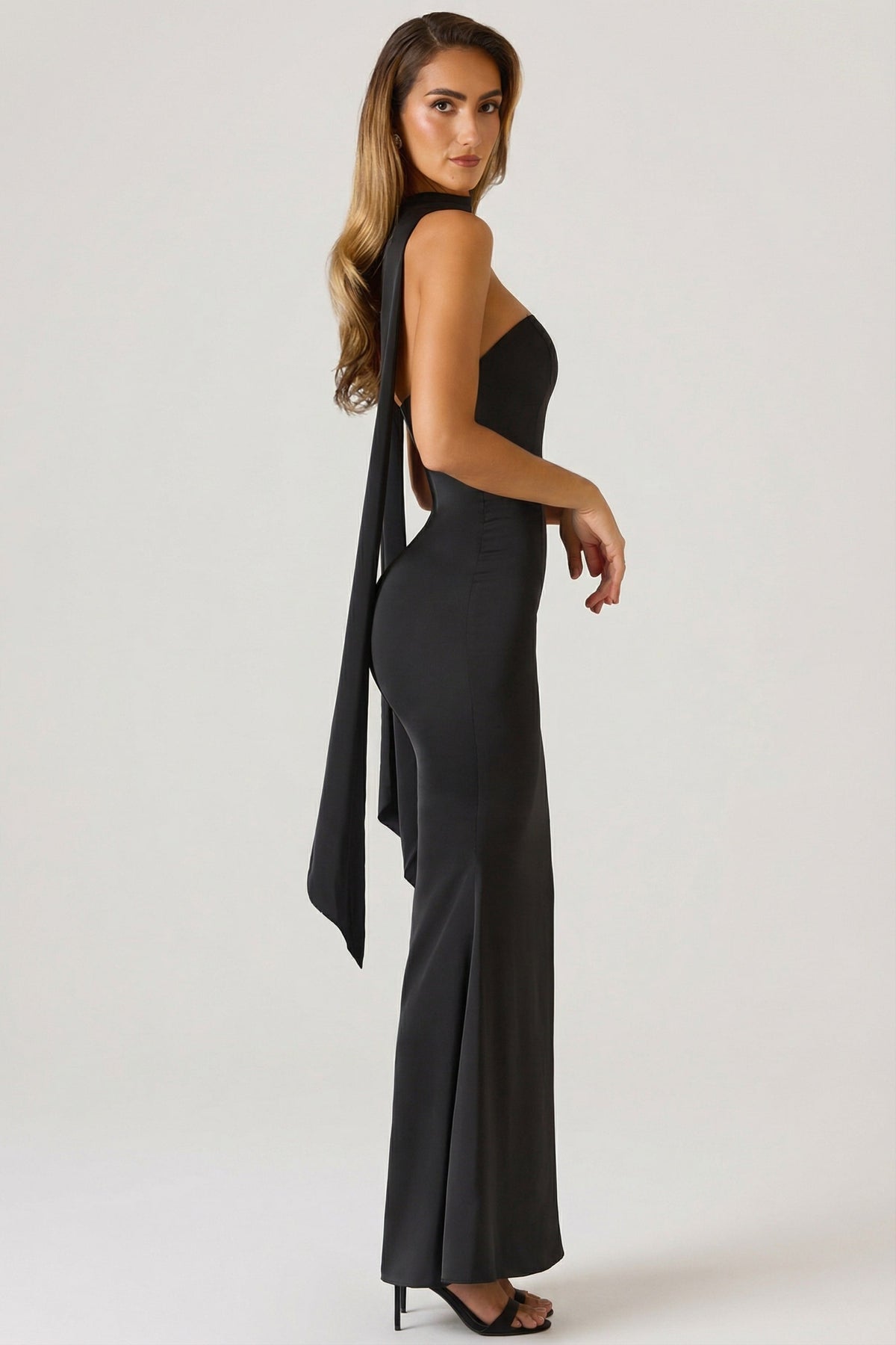 Scarf-Detail Strapless Gown in Black – view 4